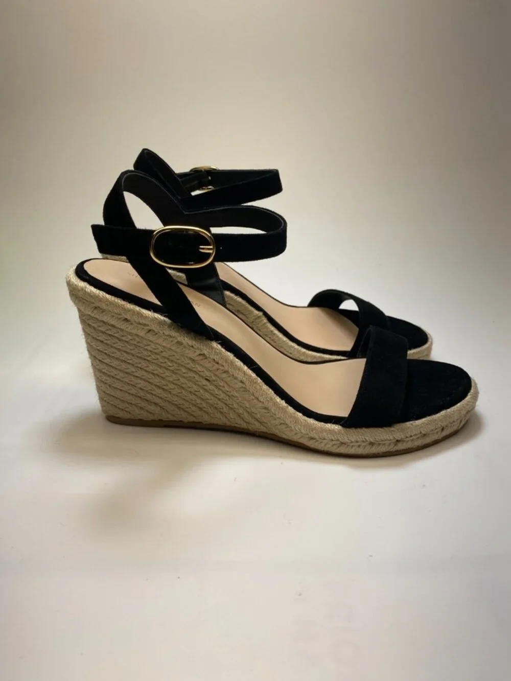 Stuart Weitzman Women's Teddi Black Suede Espadrille Wedge Heel Sandals Sz 10.5